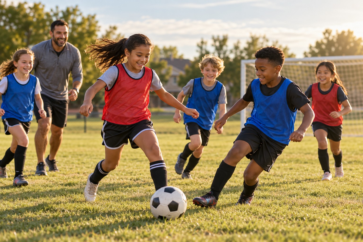 Illustrative scene of young soccer players and a coach enjoying a practice on a sunlit field