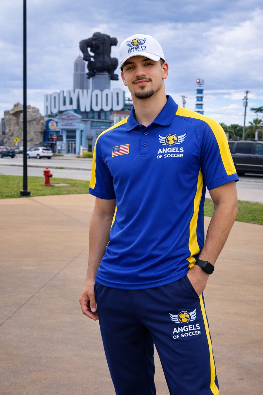 Matheus Magalhães, founder and owner of Angels of Soccer, wearing the company uniform