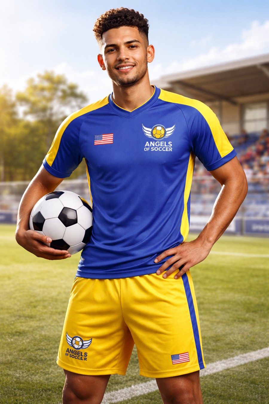 Angels of Soccer blue jersey with yellow details and yellow shorts