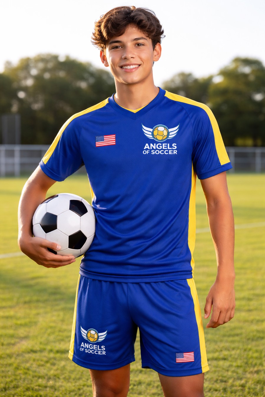 Angels of Soccer blue uniform with yellow shoulder details and blue shorts