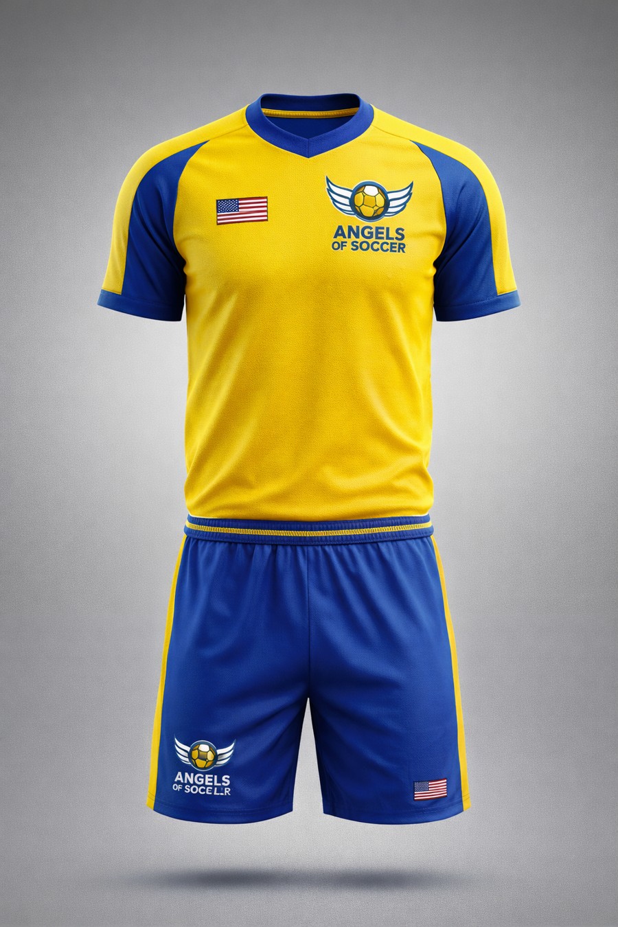 Angels of Soccer yellow jersey with blue sleeves and blue shorts